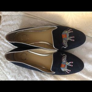 Navy blue suede flats with elephant embroidery